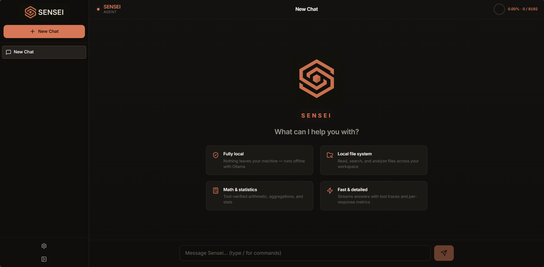 Sensei Chat UI — sidebar, capability cards, and message input