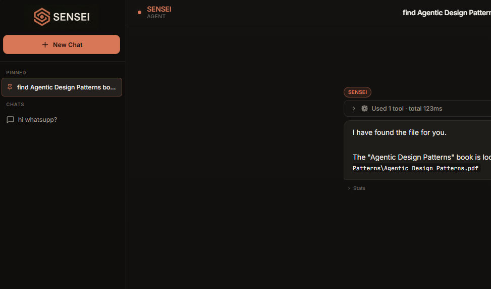 Sensei sidebar with pinned sessions and collapsed tool calls