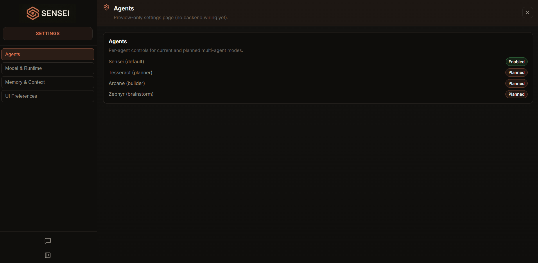 Sensei settings — agents panel with Sensei enabled, Tesseract, Arcane, Zephyr planned