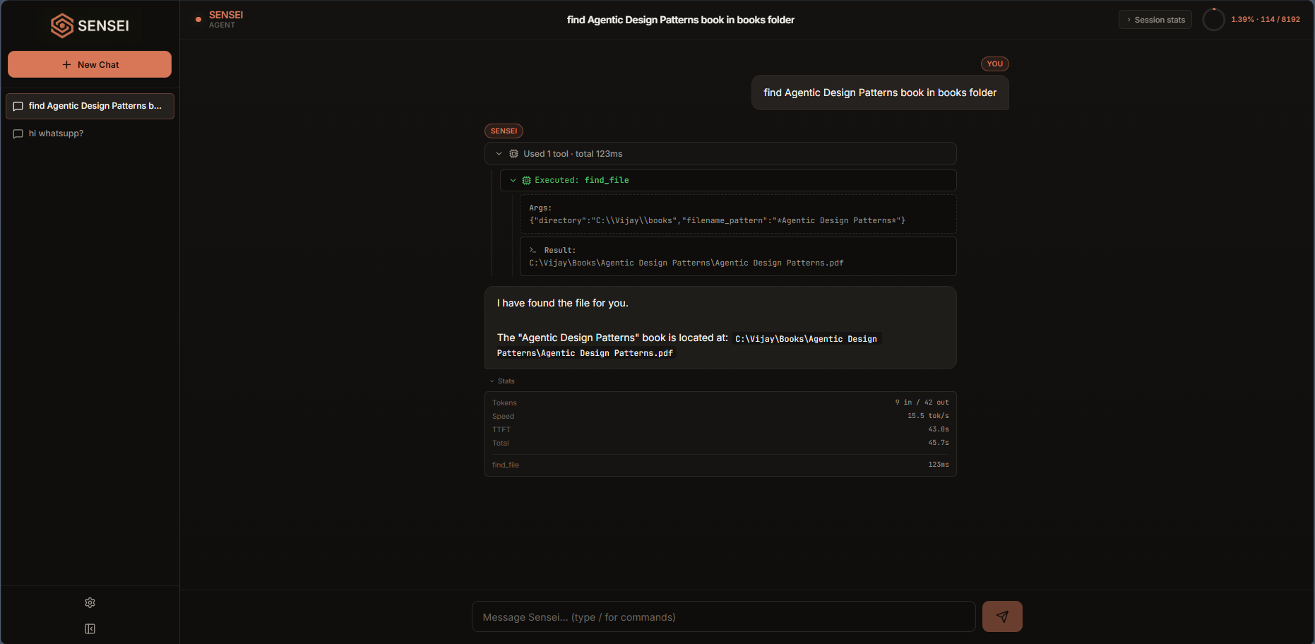 Sensei tool execution — find_file with args, result, and per-response stats